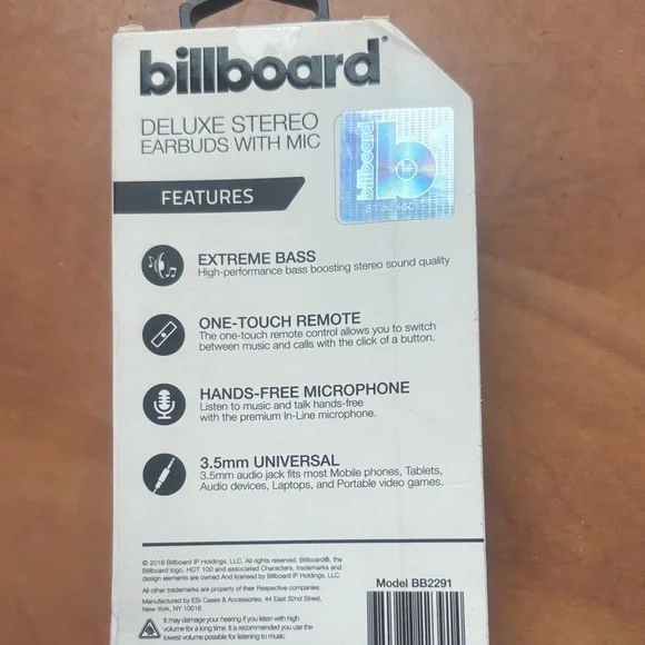 Billboard Pure Stereo Earbuds with Mic - Black - Picture 2 of 2